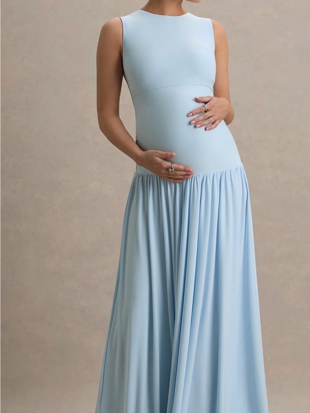 Powder Blue Crew-Neck Maternity Maxi Dress With Pleated Skirt